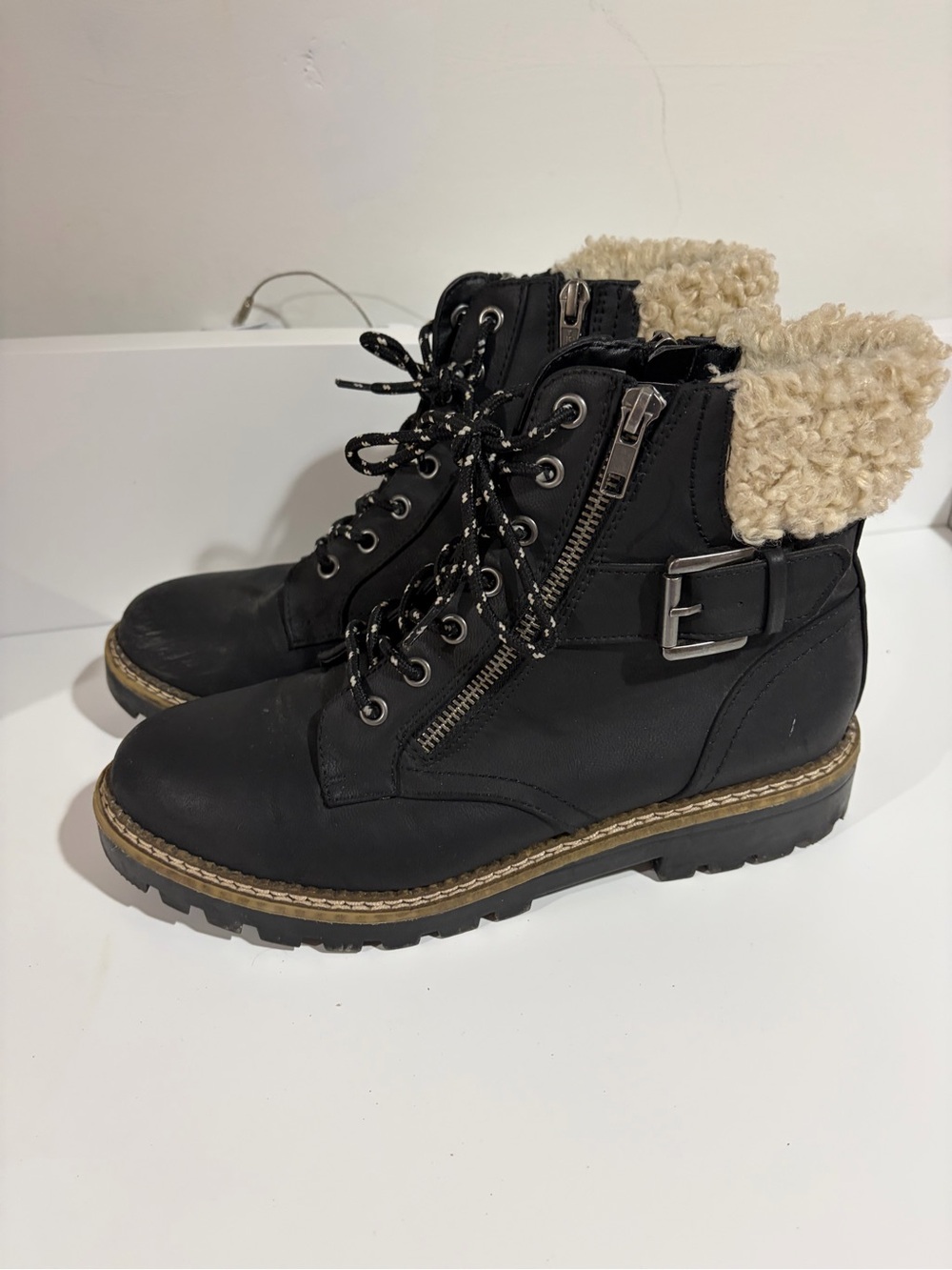 Black Fur-Lined Lace-Up Ankle Boots with Buckle